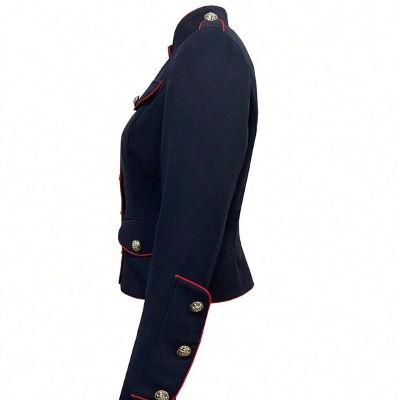 Navy Blue Casual Women's Single Breasted Color Block Long Sleeve Jacket - Picture 3 of 4